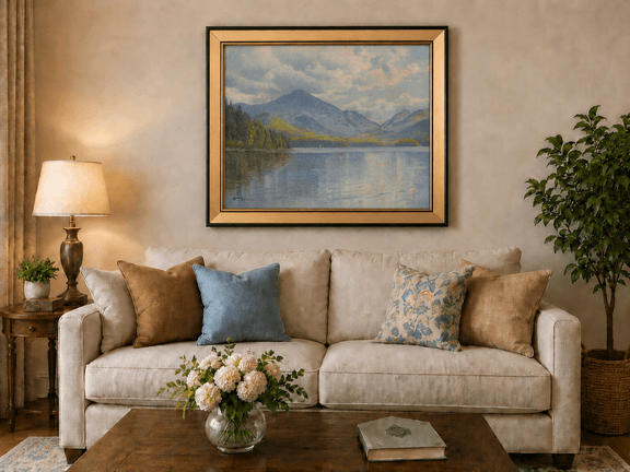 Framed hand-painted lake oil painting with calm reflections and a forested shoreline displayed above a neutral living room sofa.