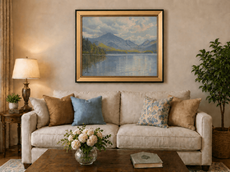 Framed hand-painted lake oil painting with calm reflections and a forested shoreline displayed above a neutral living room sofa.