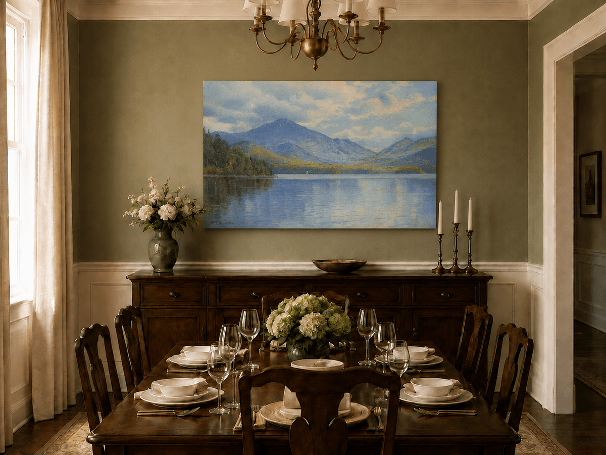 Unframed hand-painted lake oil painting with calm reflections and a forested shoreline displayed above a formal dining table.
