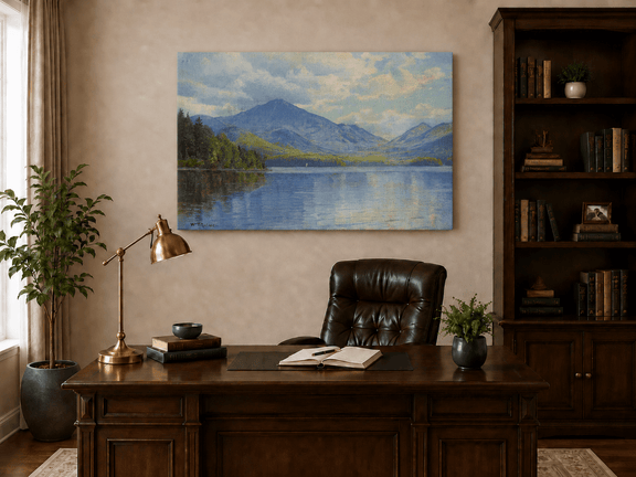 Unframed hand-painted lake oil painting with calm reflections and a forested shoreline displayed above a traditional home office desk.