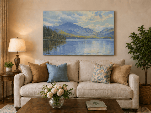 Unframed hand-painted lake oil painting with calm reflections and a forested shoreline displayed above a neutral living room sofa.