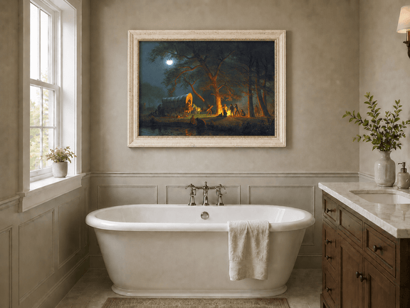 Framed hand-painted moonlit forest oil painting with figures gathered around a campfire displayed above a freestanding bathtub.