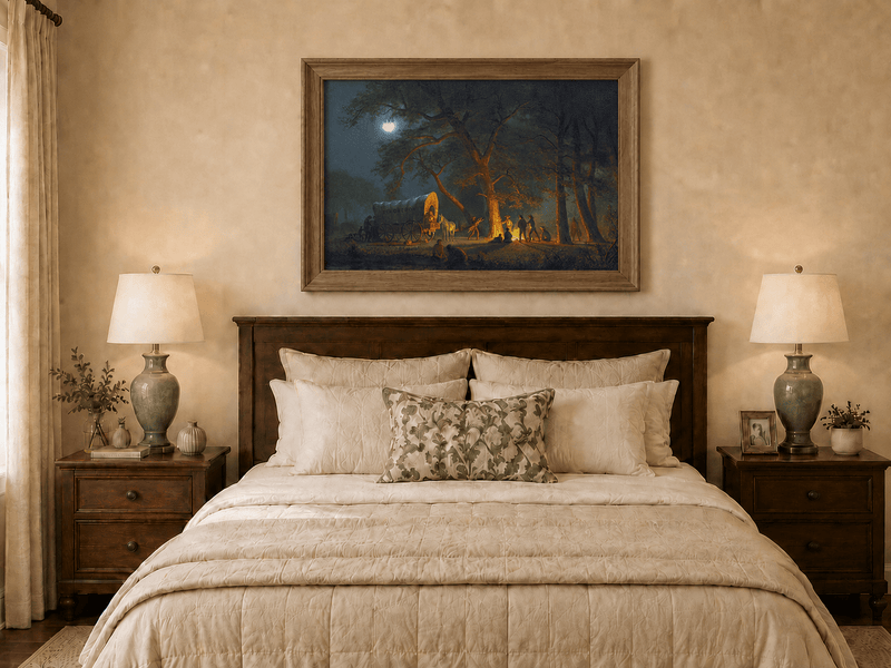 Framed hand-painted moonlit forest oil painting with figures gathered around a campfire displayed above a wooden bed in a neutral bedroom.