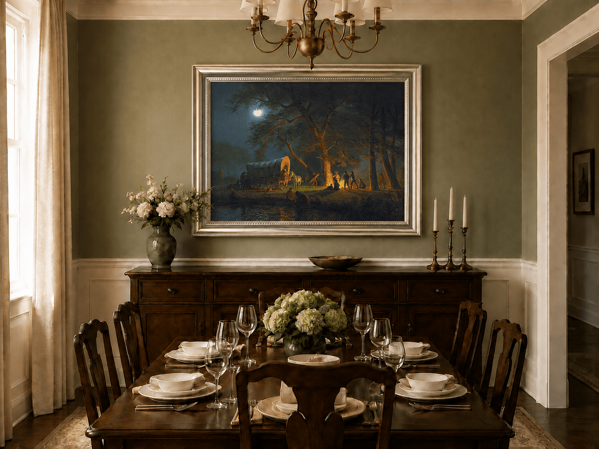 Framed hand-painted moonlit forest oil painting with figures gathered around a campfire displayed above a formal dining table.