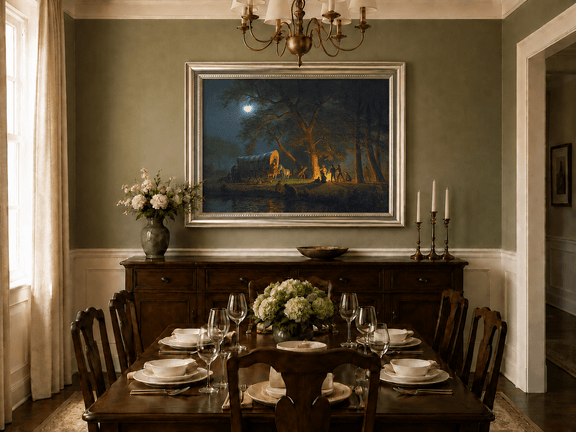 Framed hand-painted moonlit forest oil painting with figures gathered around a campfire displayed above a formal dining table.