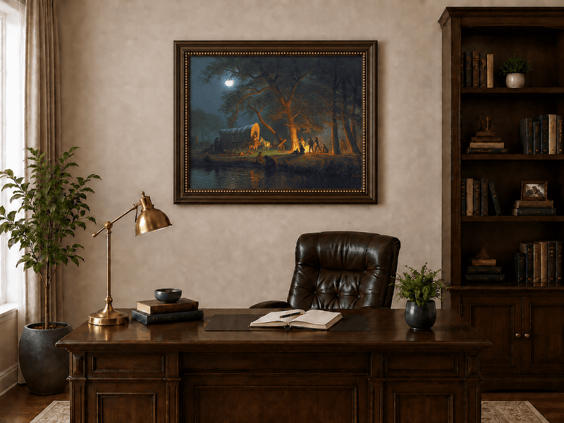 Framed hand-painted moonlit forest oil painting with figures gathered around a campfire displayed above a traditional home office desk.