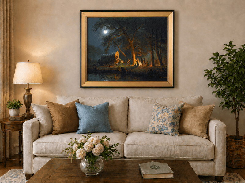 Framed hand-painted moonlit forest oil painting with figures gathered around a campfire displayed above a neutral living room sofa.