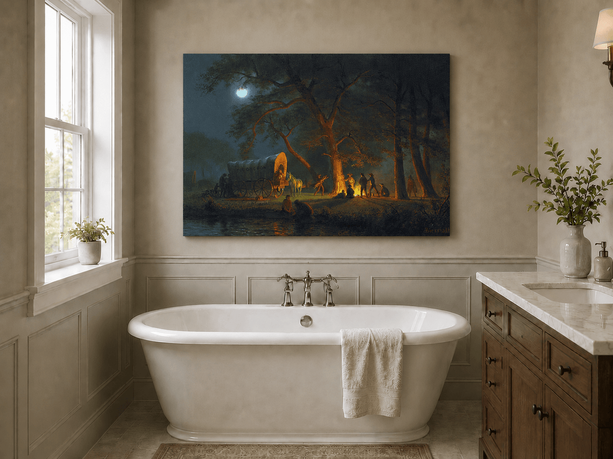 Unframed hand-painted moonlit forest oil painting with figures gathered around a campfire displayed above a freestanding bathtub.