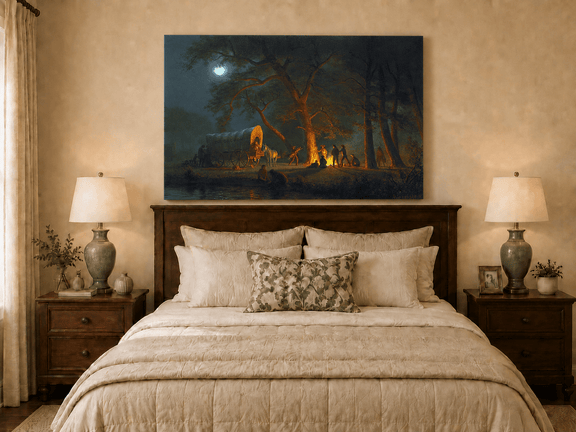 Unframed hand-painted moonlit forest oil painting with figures gathered around a campfire displayed above a wooden bed in a neutral bedroom.