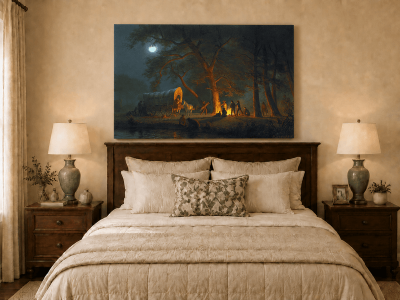 Unframed hand-painted moonlit forest oil painting with figures gathered around a campfire displayed above a wooden bed in a neutral bedroom.