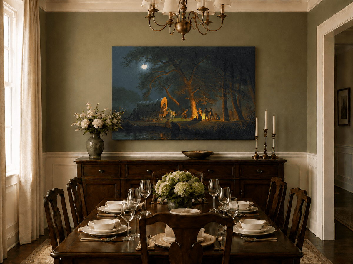 Unframed hand-painted moonlit forest oil painting with figures gathered around a campfire displayed above a formal dining table.