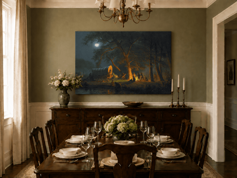 Unframed hand-painted moonlit forest oil painting with figures gathered around a campfire displayed above a formal dining table.