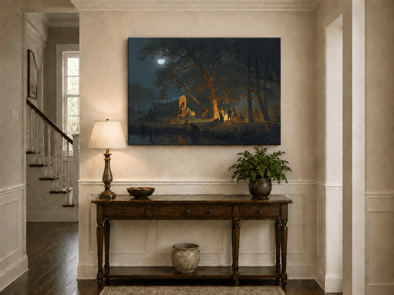 Unframed hand-painted moonlit forest oil painting with figures gathered around a campfire displayed above an entryway console table.