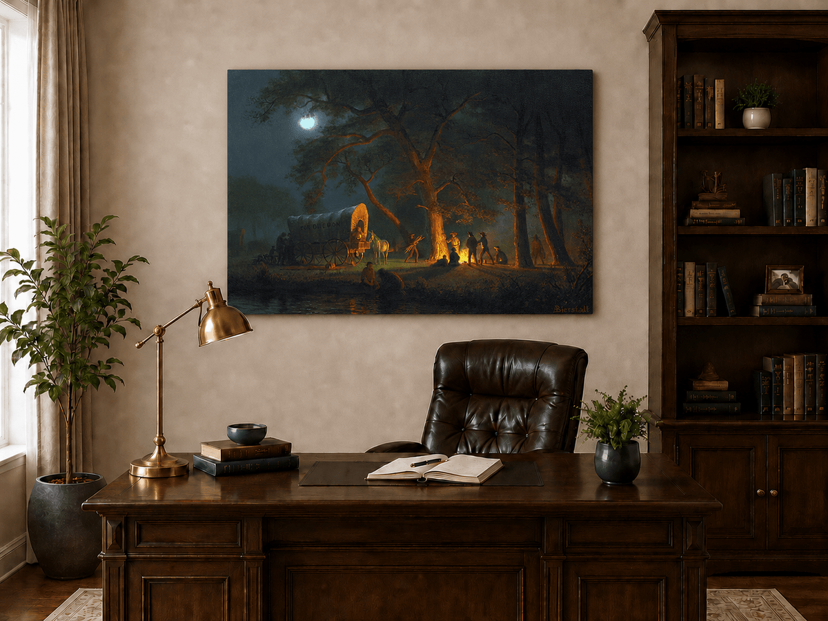 Unframed hand-painted moonlit forest oil painting with figures gathered around a campfire displayed above a traditional home office desk.