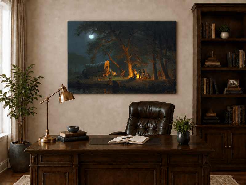 Unframed hand-painted moonlit forest oil painting with figures gathered around a campfire displayed above a traditional home office desk.