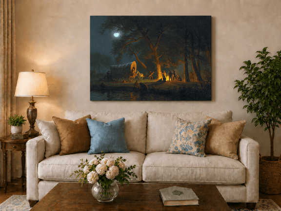 Unframed hand-painted moonlit forest oil painting with figures gathered around a campfire displayed above a neutral living room sofa.