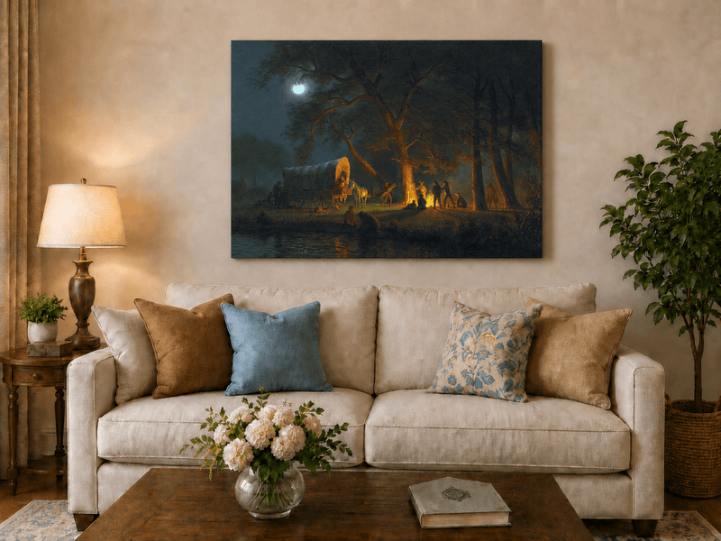 Unframed hand-painted moonlit forest oil painting with figures gathered around a campfire displayed above a neutral living room sofa.