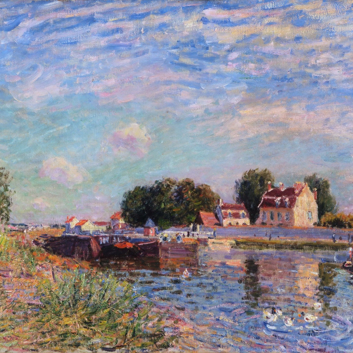 Landscape oil painting of a village canal at Saint-Mammes with a stone bridge, textured brushwork, oil on canvas, hand. - Add Frame, Architecture, Canal, Canvas, Hand Painted, Landscape, Made To Order, Oil Painting, River, Venice, Village