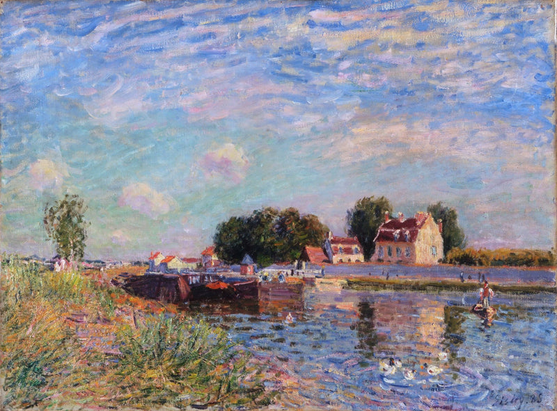 Landscape oil painting of a village canal at Saint-Mammes with a stone bridge, textured brushwork, oil on canvas, hand. - Add Frame, Architecture, Canal, Canvas, Hand Painted, Landscape, Made To Order, Oil Painting, River, Venice, Village