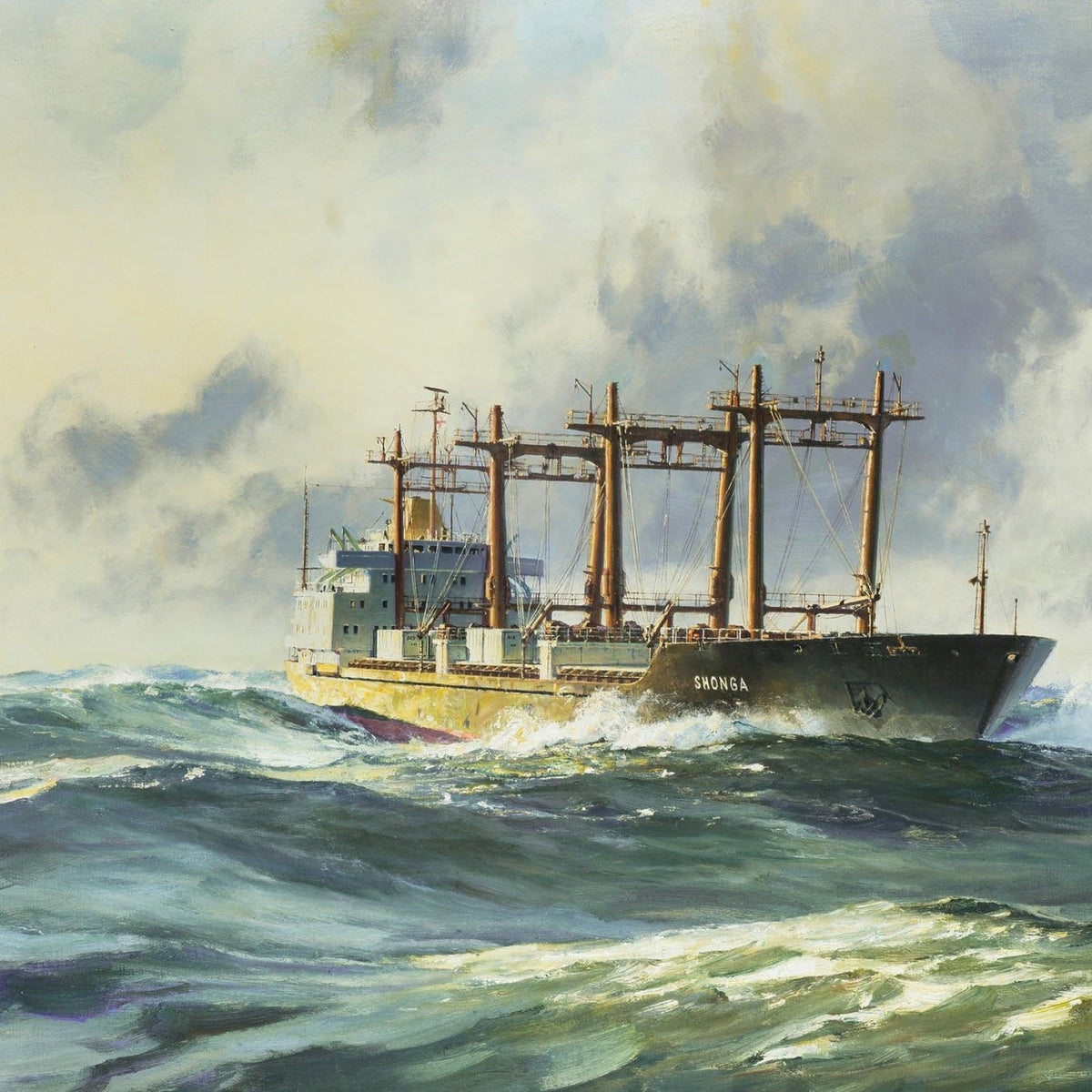 Hand-painted cargo freighter in rolling ocean waves nautical oil painting on canvas