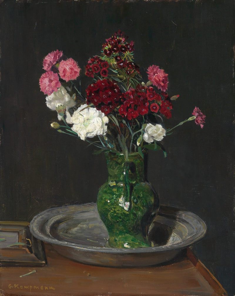 Carnations in Green Vase Still Life Canvas Wall Art - Floral Oil Painting - Oil Painting Haven