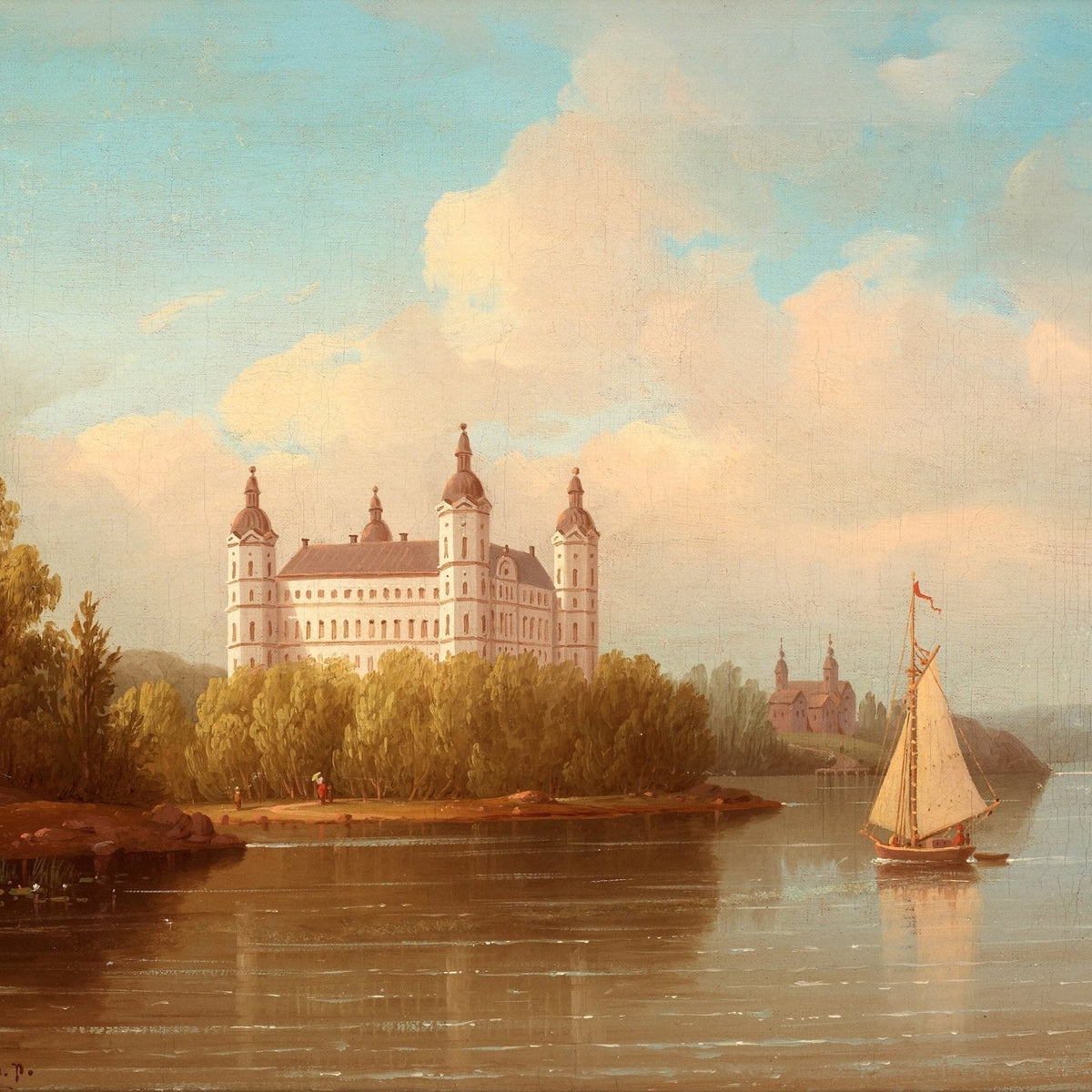 Hand-painted castle by the river with sailboat nautical oil painting on canvas