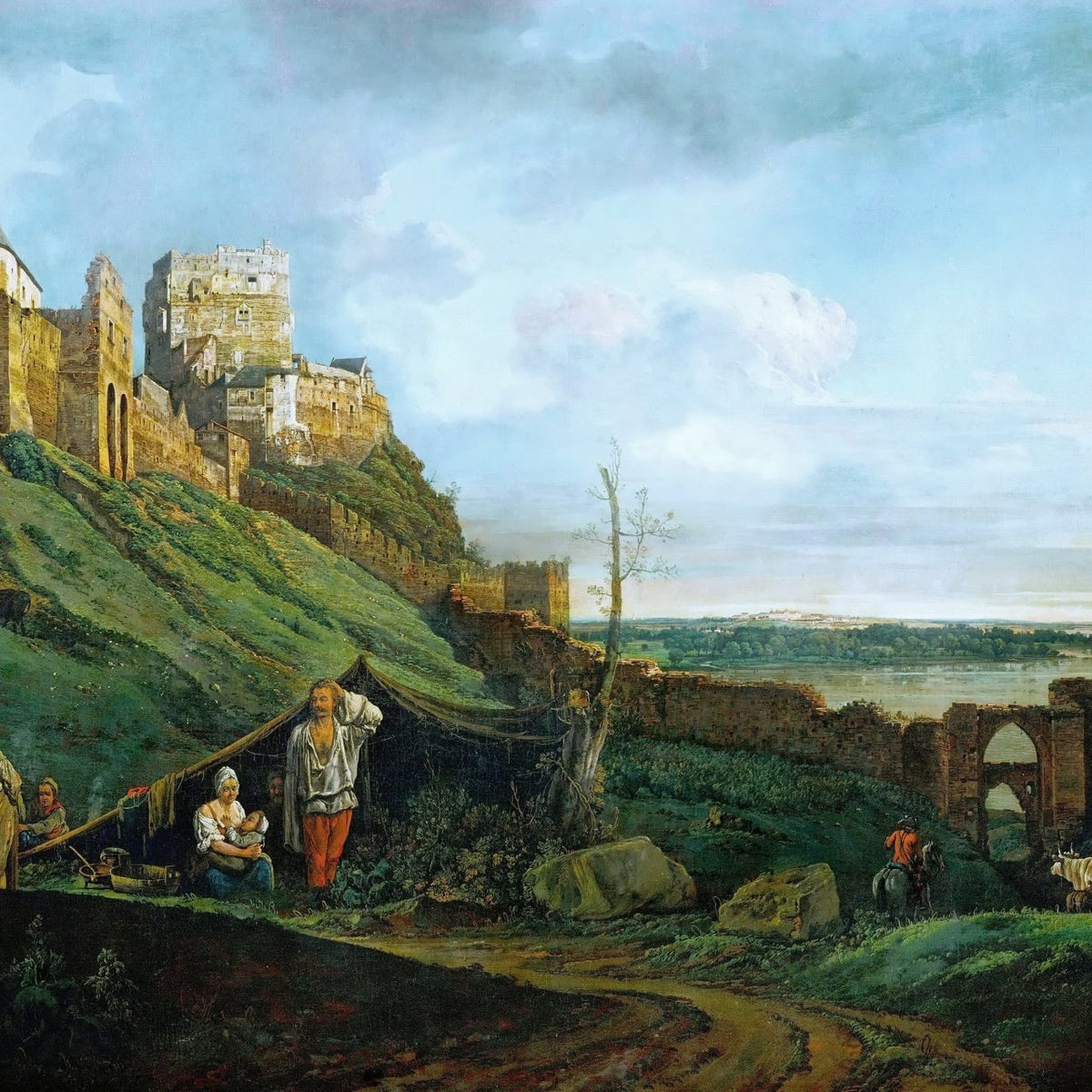 Landscape oil painting of castle ruins atop green hill with river valley below, textured brushwork and oil on canvas in soft . - Add Frame, Animal, Architecture, Canvas, Castle, Country, Farm, Hand Painted, Landscape, Made To Order, Mountain, Oil Painting, River