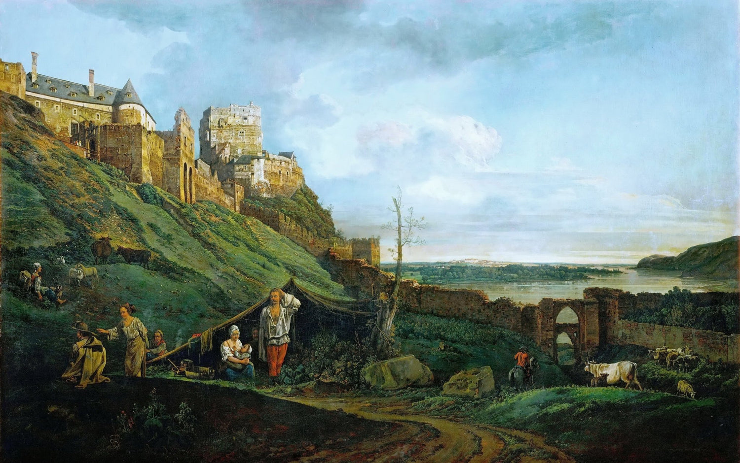 Landscape oil painting of castle ruins atop green hill with river valley below, textured brushwork and oil on canvas in soft . - Add Frame, Animal, Architecture, Canvas, Castle, Country, Farm, Hand Painted, Landscape, Made To Order, Mountain, Oil Painting, River
