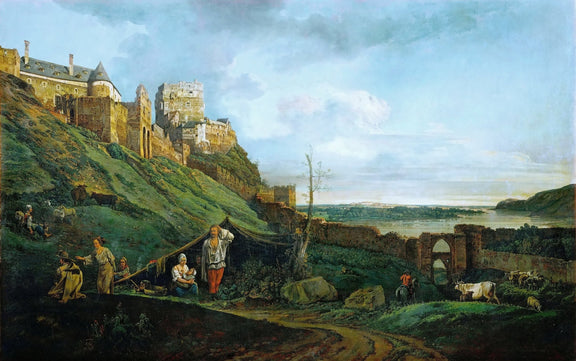 Landscape oil painting of castle ruins atop green hill with river valley below, textured brushwork and oil on canvas in soft . - Add Frame, Animal, Architecture, Canvas, Castle, Country, Farm, Hand Painted, Landscape, Made To Order, Mountain, Oil Painting, River