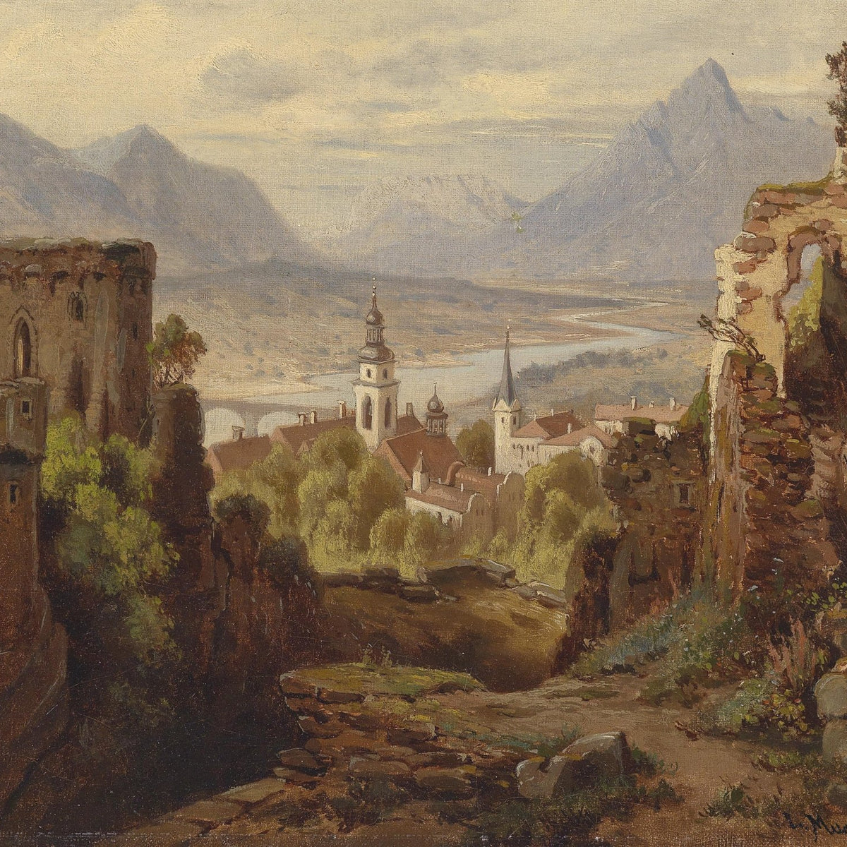 Castle Ruins Overlooking River Valley, Town – Landscape Oil Painting - Oil Painting Haven