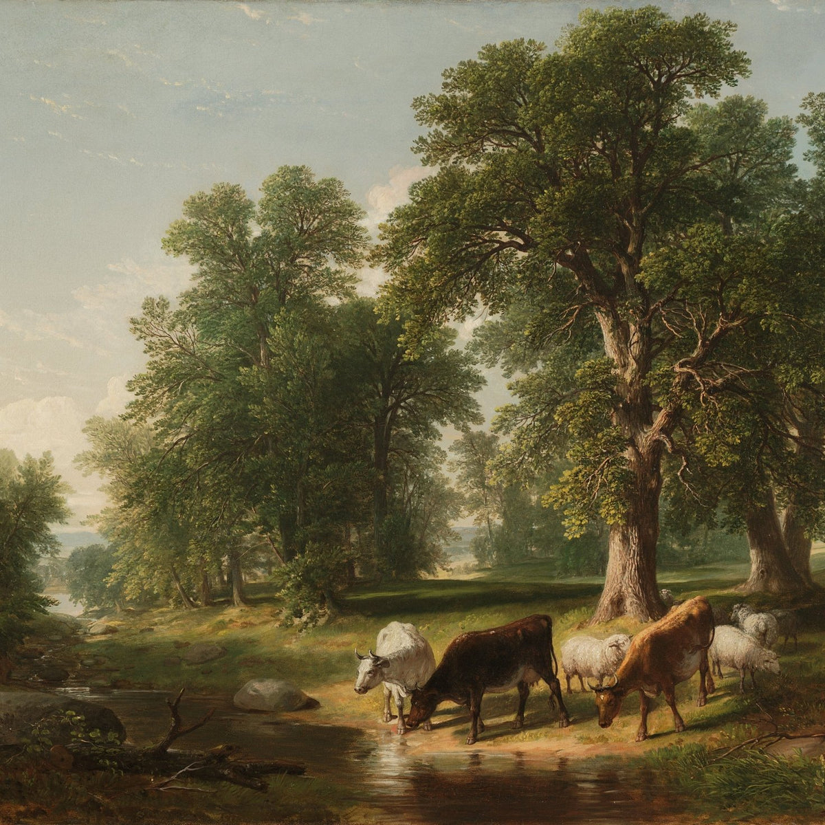Cattle by the Woodland Stream | Hand - Painted Landscape Oil Art - Oil Painting Haven