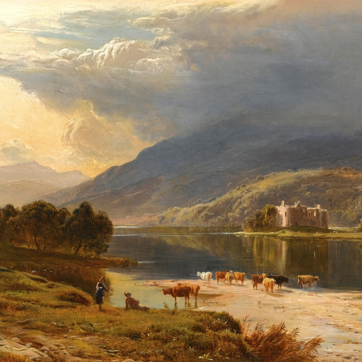 Cattle Crossing a Lake, Castle, Mountains – Landscape Oil Painting - Oil Painting Haven