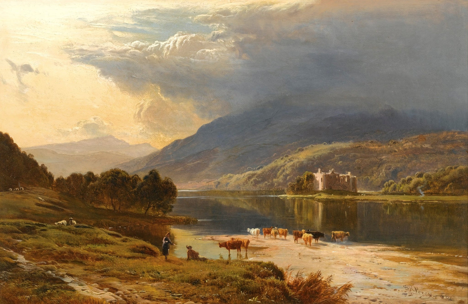 Cattle Crossing a Lake, Castle, Mountains – Landscape Oil Painting - Oil Painting Haven