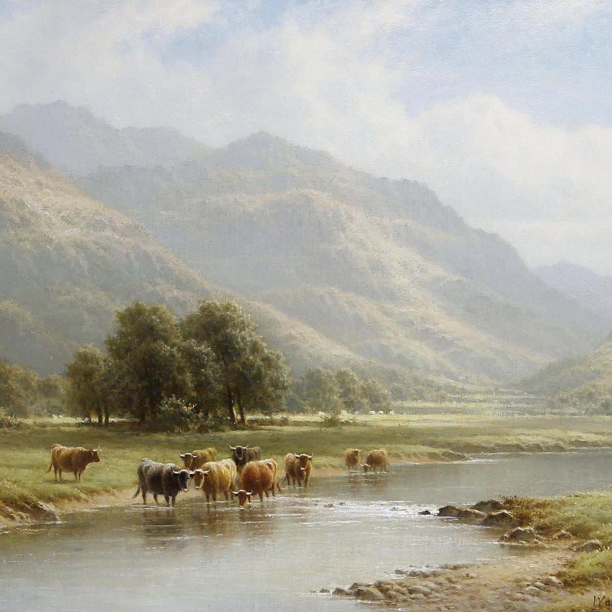 Cattle Crossing a Mountain River Valley – Landscape Oil Painting - Oil Painting Haven