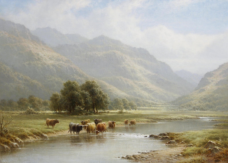 Cattle Crossing a Mountain River Valley – Landscape Oil Painting - Oil Painting Haven