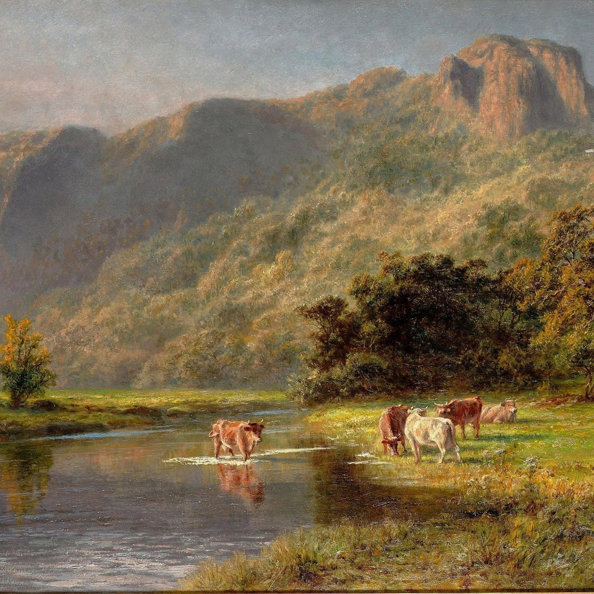Cattle Grazing by a Mountain River Valley - Landscape Oil Painting - Oil Painting Haven