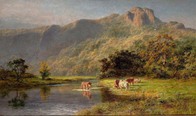 Cattle Grazing by a Mountain River Valley - Landscape Oil Painting - Oil Painting Haven