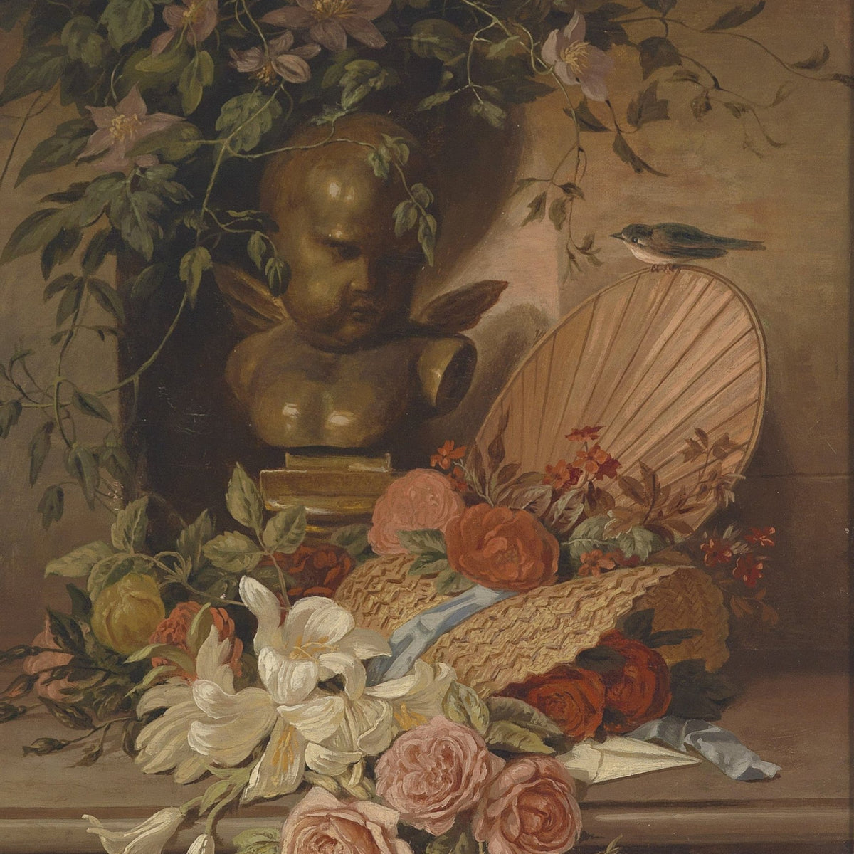 Cherub Bust, Flowers and Fan Arrangement - Still Life Oil Painting - Oil Painting Haven