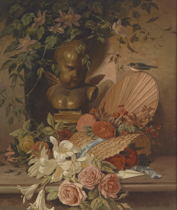 Cherub Bust, Flowers and Fan Arrangement - Still Life Oil Painting - Oil Painting Haven