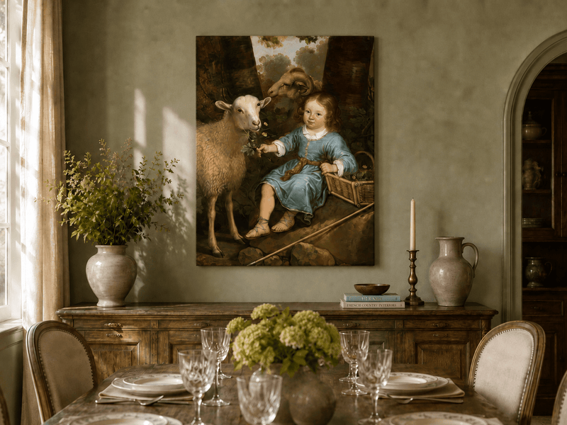 Peinture à l'huile représentant une scène de marché avec volailles et personnages