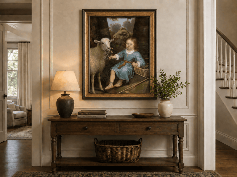Peinture à l'huile représentant une scène de marché avec volailles et personnages