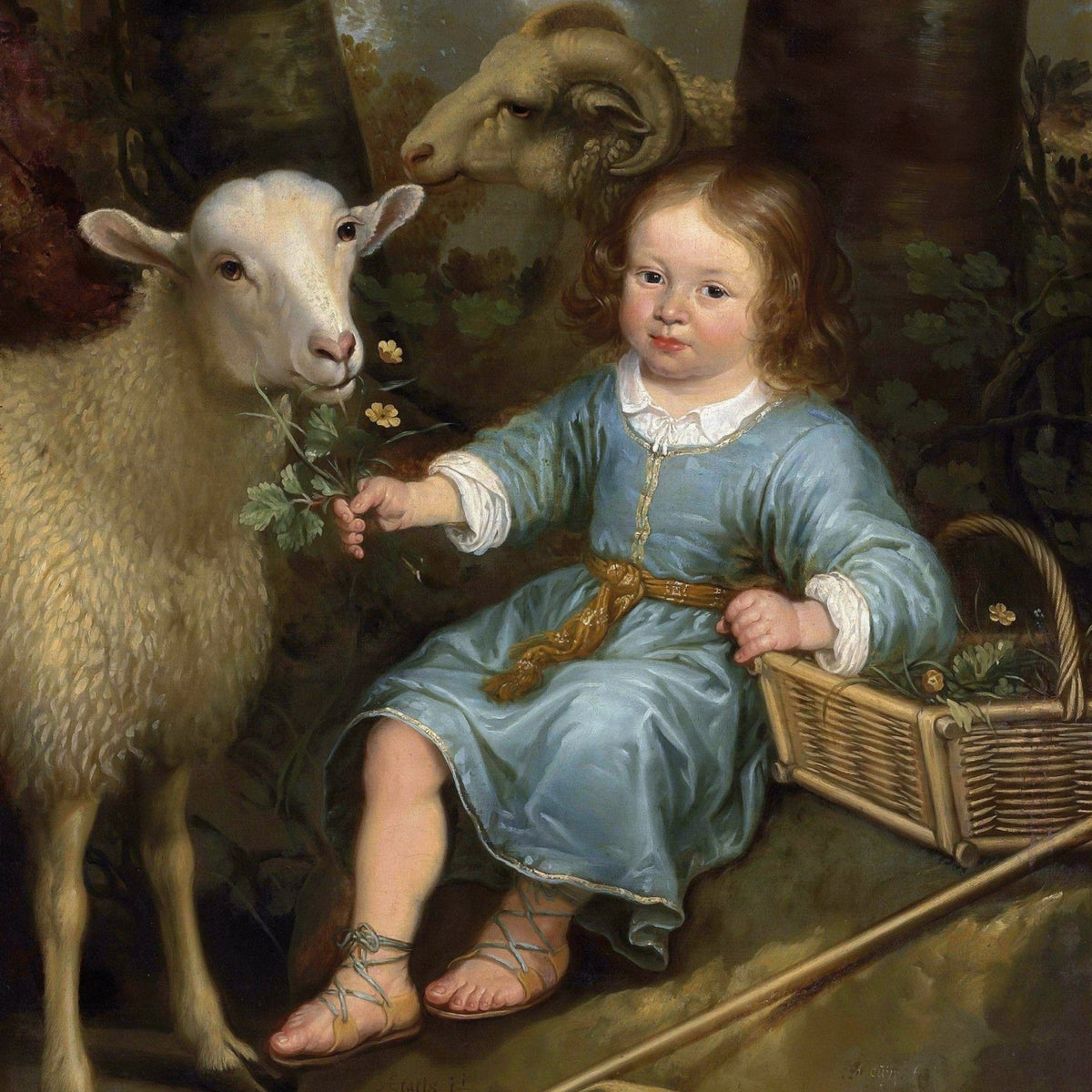 Child Feeding Lamb in Forest Setting - People Oil Painting - Oil Painting Haven