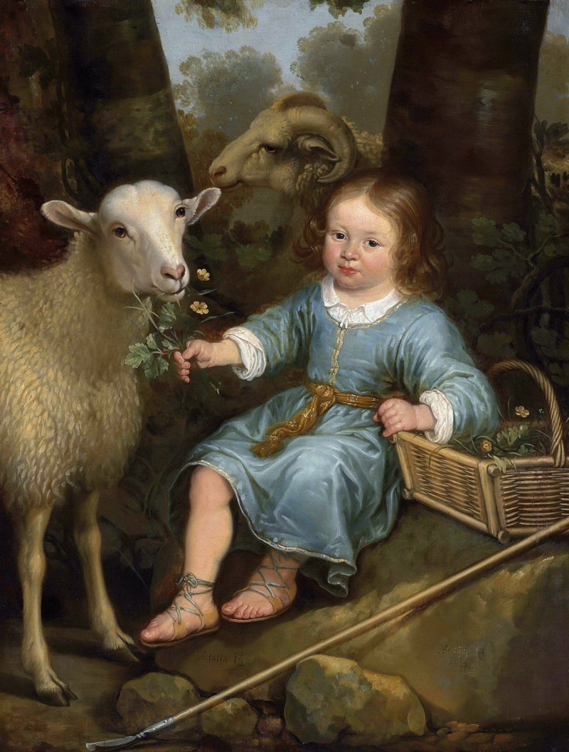 Child Feeding Lamb in Forest Setting - People Oil Painting - Oil Painting Haven