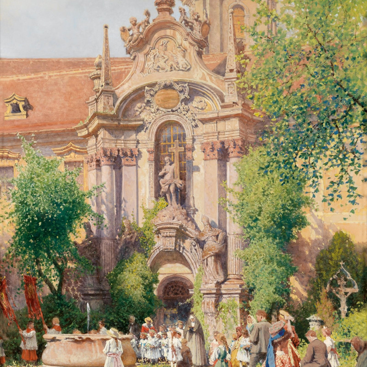Children and Church Courtyard in Summer Light - Landscape Oil Painting - Oil Painting Haven