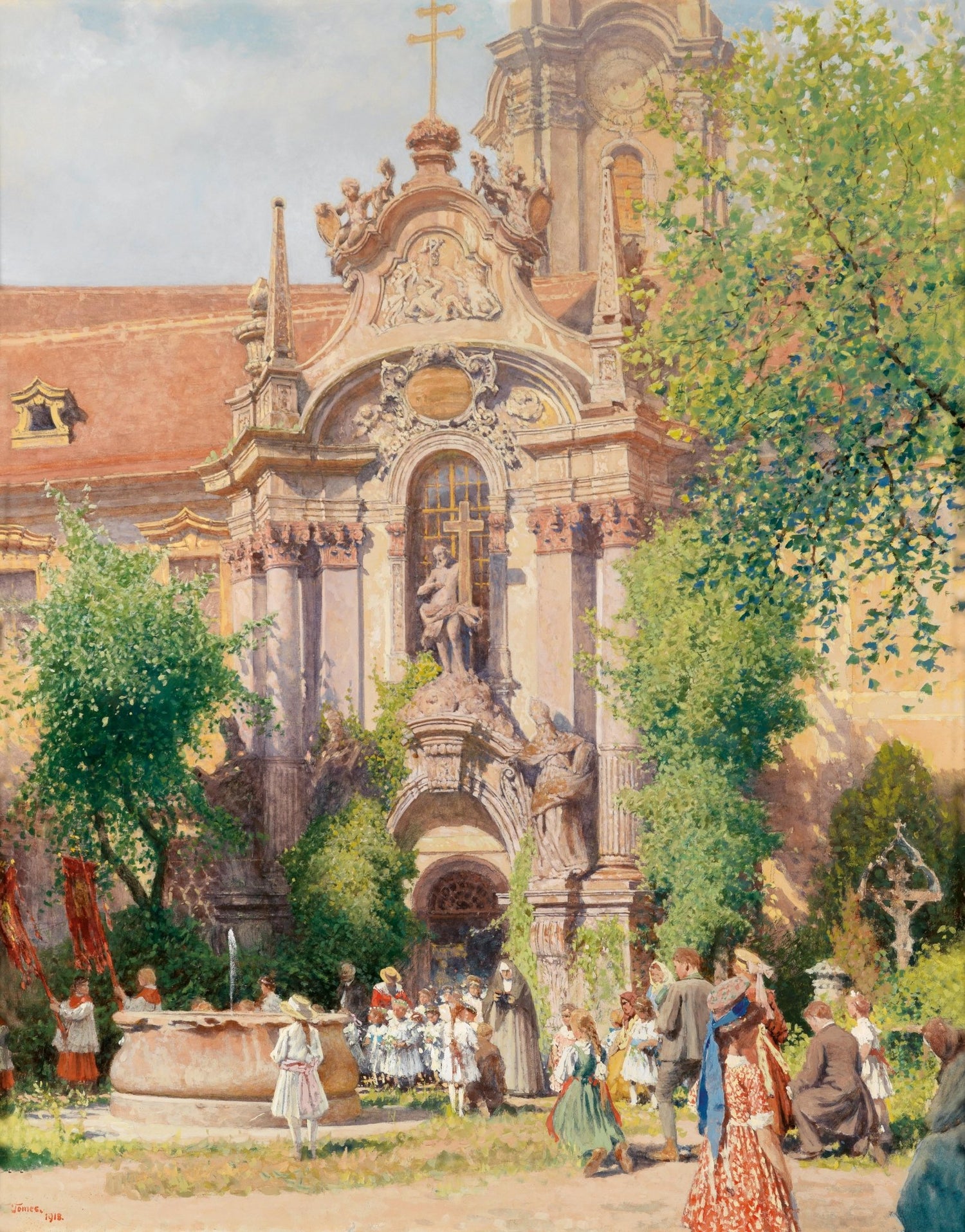 Children and Church Courtyard in Summer Light - Landscape Oil Painting - Oil Painting Haven