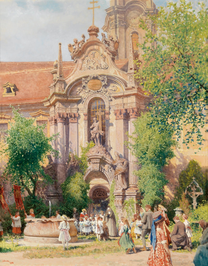 Children and Church Courtyard in Summer Light - Landscape Oil Painting - Oil Painting Haven
