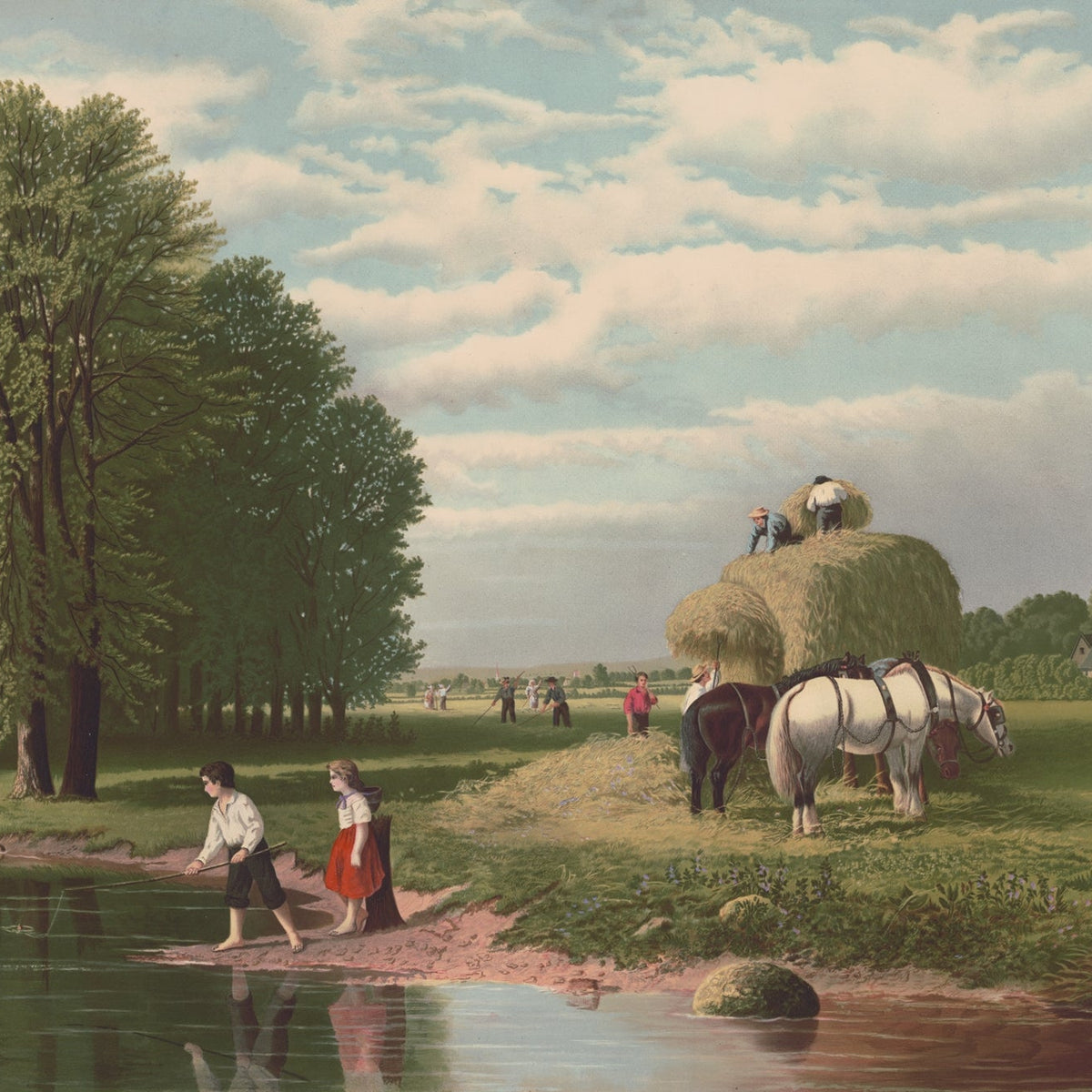Children Fishing by River in Country Field - People Oil Painting - Oil Painting Haven