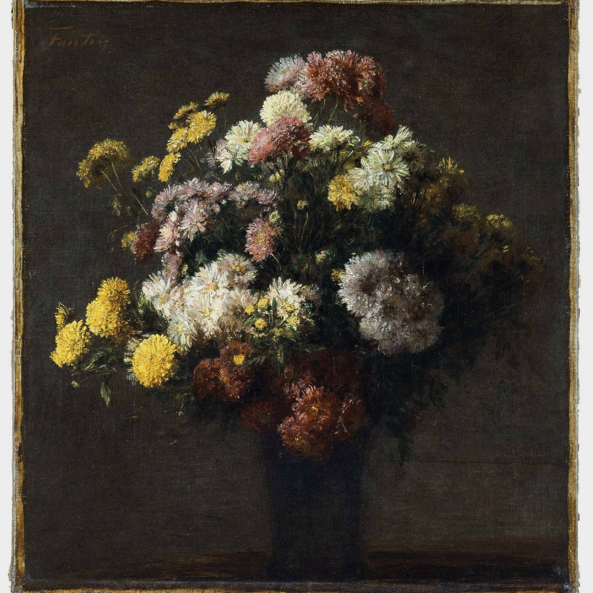 Chrysanthemums in a Dark Vase Still Life - Floral Oil Painting - Oil Painting Haven
