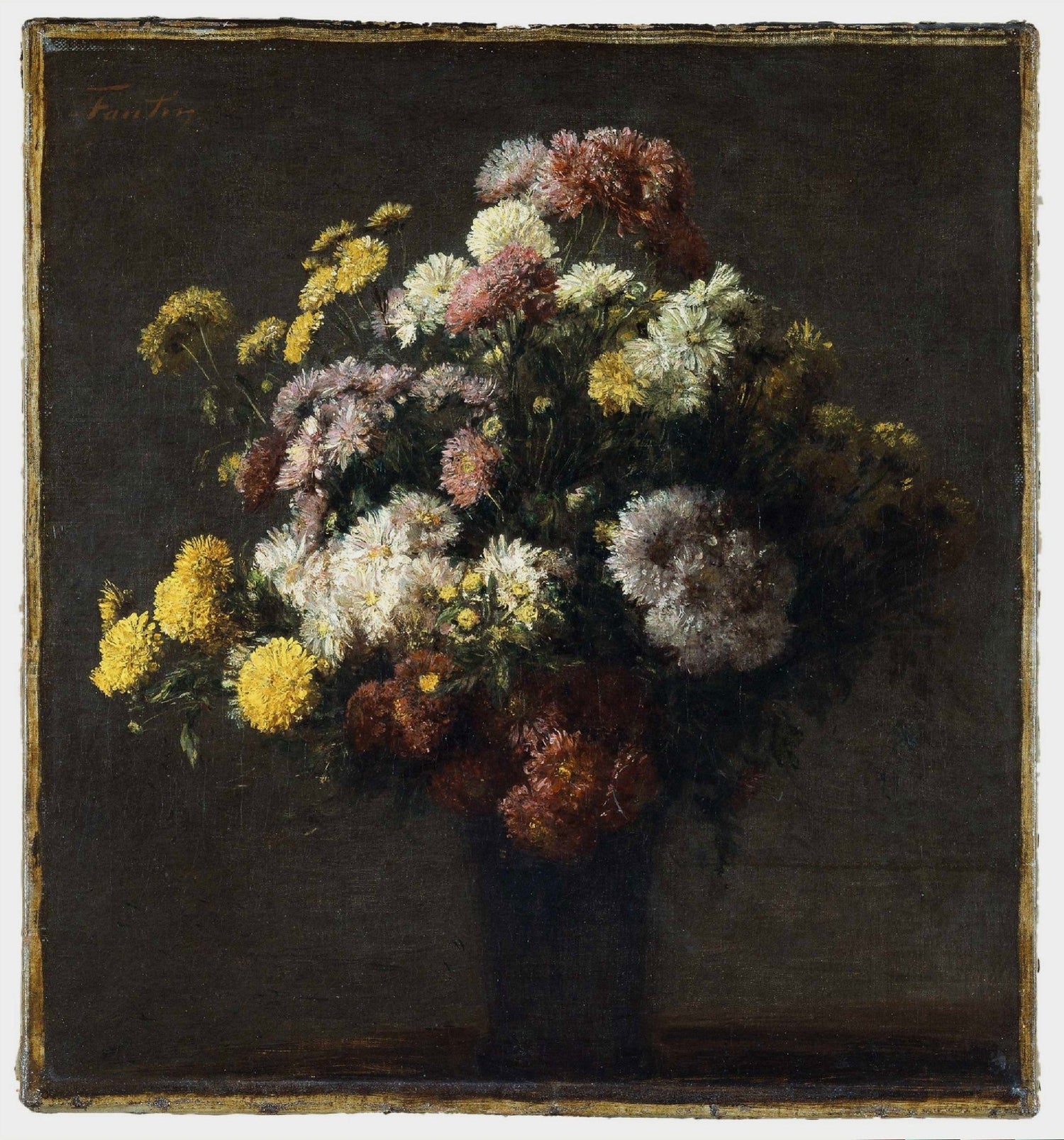 Chrysanthemums in a Dark Vase Still Life - Floral Oil Painting - Oil Painting Haven