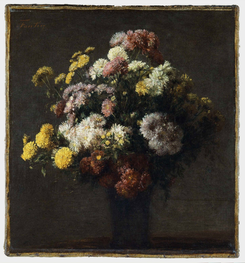 Chrysanthemums in a Dark Vase Still Life - Floral Oil Painting - Oil Painting Haven